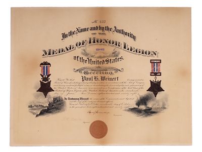 AN AMERICAN PAUL H. WEINERT MEDAL OF HONOR CERTIFICATE 1898. Medal Of Honor certificate 