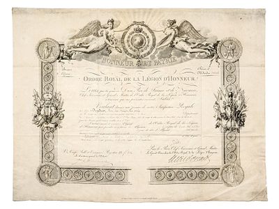 AN 1824 LEGION OF HONOR CITATION. A beautifully engraved official Brevet de l’Ordre Royal de la 