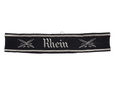 A WW2 NAZI GERMAN NSRKB CUFF TITLE OF THE "RHEIN" CHAPTER. A cuff title of the 'Rhein' chapter 