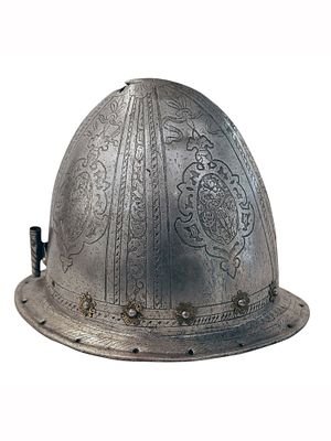 A FINELY ENGRAVED EUROPEAN CABASSET HELMET, MILAN, ITALY, 16TH CENTURY. Of classic almond-shaped 