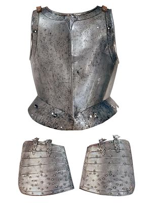 A C. 16TH CENTURY DUTCH STEEL BREAST PLATE WITH TASSETS, EIGHTY YEARS WAR. A finely crafted 