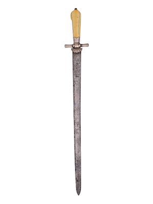 AN ENGRAVED GERMAN HIRSCHFANGER HUNTING SWORD WITH SILVER HILT, 18TH CEN. The straight 