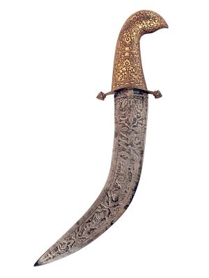 AN INDO-PERSIAN KHANJAR DAGGER WITH GOLD DAMASCENE HILT, 19TH CENTURY. A finely crafted 