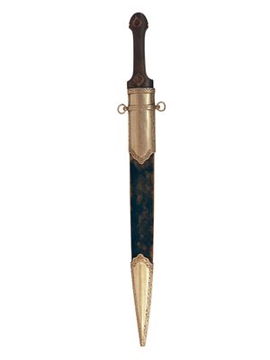 A CAUCASIAN KINDJAL DAGGER WITH GOLD-INLAID BLADE, 19TH CENTURY. A Caucasian kindjal dagger of 
