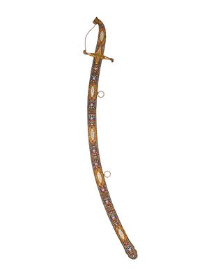 A DAGESTANI SWORD WITH GILT AND ENAMELLED SCABBARD AND TIGER POMMEL. With a curved, single-edged 