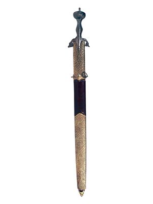 AN AFGHAN PULWAR SWORD WITH ARABIC INSCRIBED GOLD-INLAID BLADE, 19TH CEN. An Afghani pulwar 