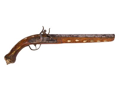 AN AFGHAN FLINTLOCK PISTOL WITH MOTHER OF PEARL INLAY, 19TH CEN. An early 19th century 
