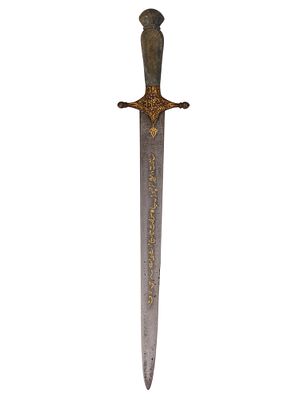 AN OTTOMAN STRAIGHT WOOTZ DAGGER WITH GOLD KOFTGARI INSCRIPTION. Ottoman Empire (possibly 