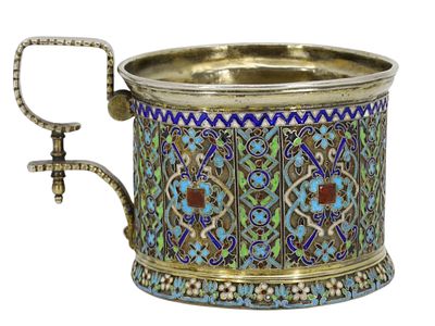 A RUSSIAN KHLEBNIKOV SILVER AND ENAMEL TEAGLASS HOLDER, 1877. Firm of Ivan Khlebnikov, Moscow 