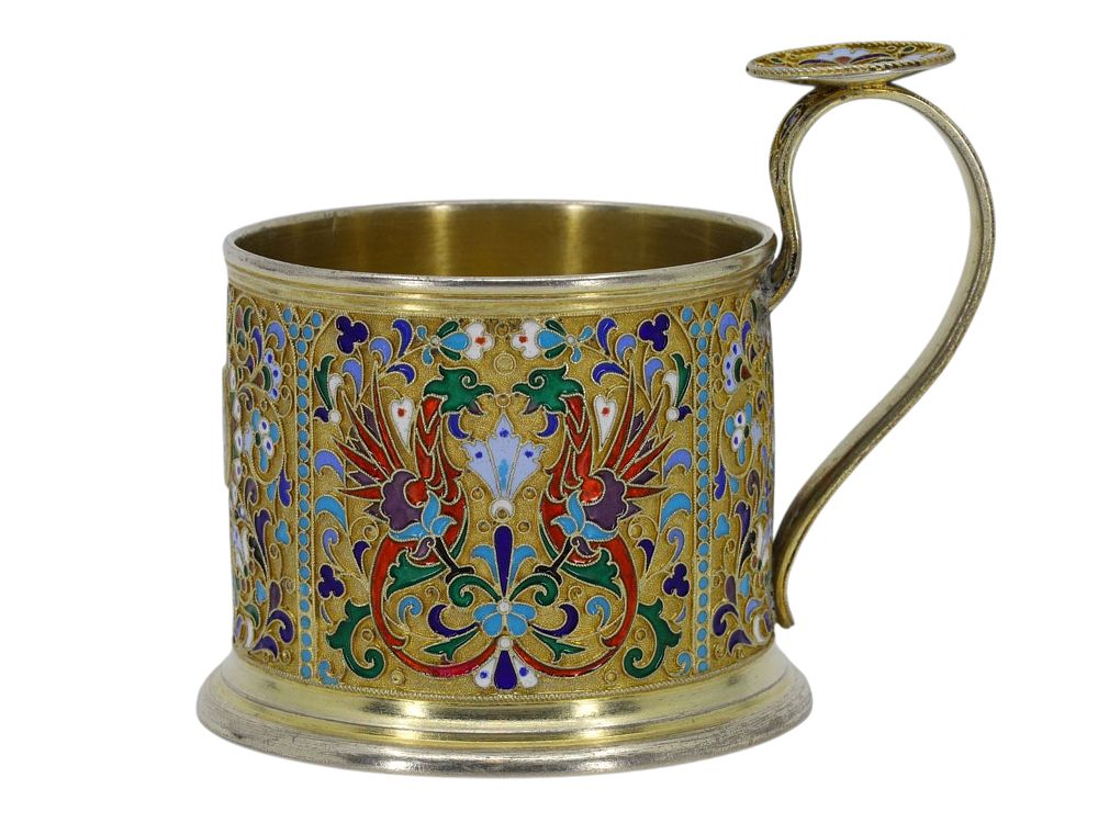 A RUSSIAN GILT SILVER AND ENAMEL GLASS HOLDER "FR". Feodor R&uuml;ckert (Фёдор Рюкерт?), Moscow 