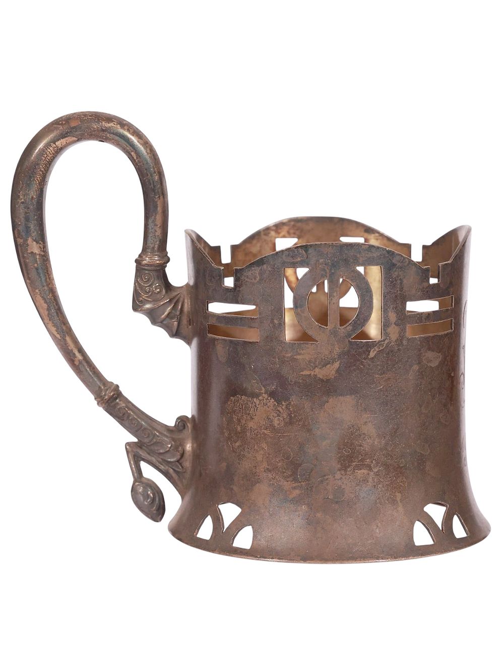 A RUSSIAN ART NOUVEAU SILVER TEA-GLASS HOLDER. Of elegant flaring cylindrical form with openwork 