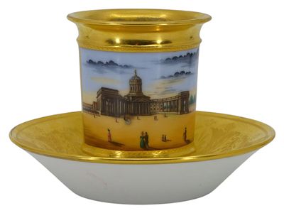 A SCARCE RUSSIAN PORCELAIN GILT CUP AND SAUCER WITH A VIEW OF KAZANSKY CATHEDRAL, 19TH CENTURY. T 