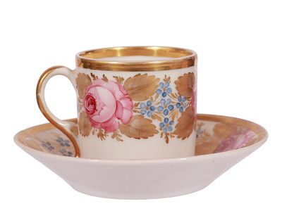 A RUSSIAN GILT AND HAND-PAINTED PORCELAIN COFFEE CUP AND SAUCER, 19 C. A finely decorated 