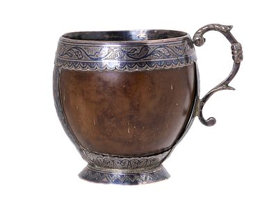 A RUSSIAN SILVER-MOUNTED COCONUT SHELL CUP, 18TH CEN. Russian cup comprising a natural coconut 