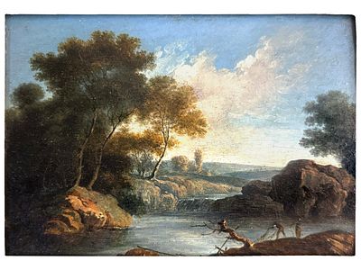 AN OIL ON PANEL LANDSCAPE FISHING SCENE, 18TH C. Italian oil on panel landscape painting 