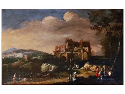 AN ITALIAN SCHOOL OLD MASTER PAINTING, LANDSCAPE WITH ROMAN RUINS, 17TH CEN. A Baroque period 