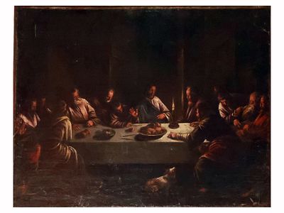 AN OIL ON CANVAS PAINTING OF THE LAST SUPPER BY A FOLLOWER OF FRANCESCO BASSANO. An oil on 