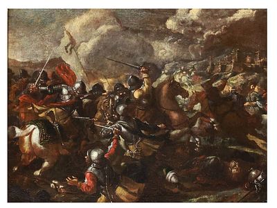 A BATTLE SCENE, ATTRIBUTED TO ANTONIO CALZA (ITALIAN, 17TH CENTURY). A dramatic and energetic 