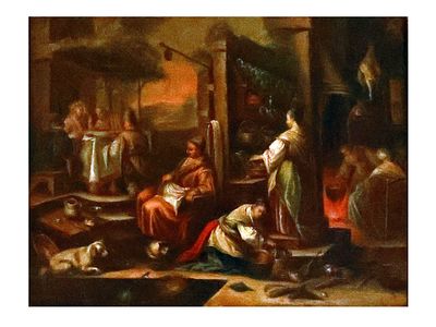 AN OIL ON CANVAS PAINTING "THE SUPPER AT EMMAUS" BY A FOLLOWER OF BASSANO FAMILY. An oil on 