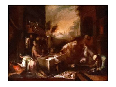 AN OIL ON CANVAS PAINTING "CHRIST IN THE HOUSE OF MARY AND MARTHA" BY A FOLLOWER OF JACOPO BASSANO. 