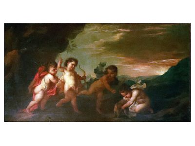 AN ITALIAN SCHOOL OIL ON CANVAS PAINTING OF FOUR PUTTI IN A LANDSCAPE, 17TH CEN. Italian School 