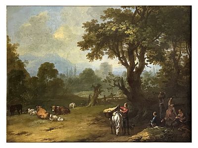 AN OIL ON CANVAS LANDSCAPE SCENE, ATTR. FRANZ DE PAULA FERG. Oil on canvas painting depicting a 
