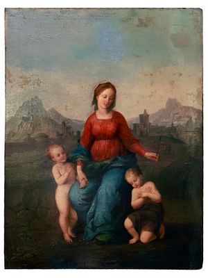 AN OIL ON PANEL PAINTING OF VIRGIN MARY WITH BABY JESUS AND JOHN THE BAPTIST, 17TH CEN. The 