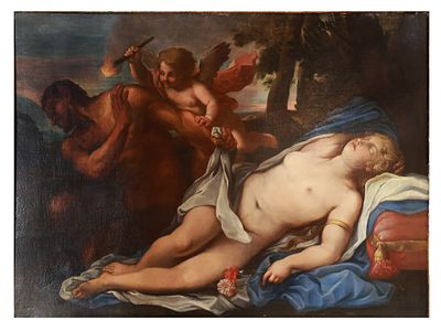 AN OIL ON CANVAS PAINTING OF VENUS, SATYR AND CUPID, ATTR. ANTONIO BALESTRA (1666-1740). Oil on 