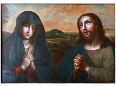 AN ITALIAN SCHOOL OIL ON TIN OR COPPER PAINTING OF JESUS CHRIST AND VIRGIN MARY, 17TH OR 18TH CEN. 