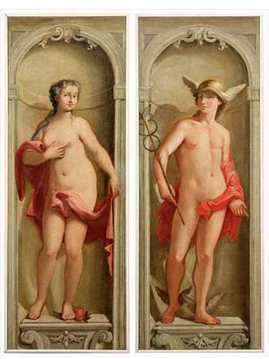 A PAIR OF OIL ON CANVAS PAINTINGS OF VENUS AND MERCURY, ATTR. BARTOLOMEO LITTERINI. A 