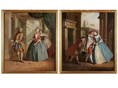 A VENETIAN PAINTER, 18TH CENTURY, PAIR OF GALLANT SCENES, OIL ON CANVAS. A delightful pair of 