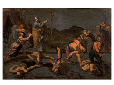 A NEAPOLITAN SCHOOL, CIRCA 1630 MOSES AND THE BRONZE SERPENT, OIL ON SLATE PAINTING. A dramatic 