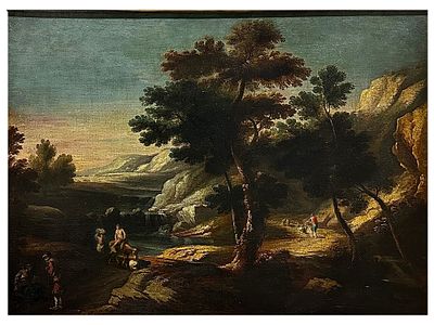 A LARGE ITALIAN SCHOOL OIL ON CANVAS PAINTING OF A LANDSCAPE SCENE, 18TH CEN. Roman school of 