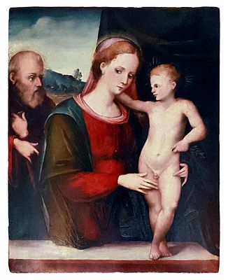 AN ITALIAN SCHOOL OIL ON PANEL PAINTING OF THE SACRED FAMILY, 17TH CEN. An oil on panel 