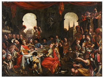 AN ITALIAN BAROQUE FEAST SCENE, POSSIBLY "THE FEAST OF BELSHAZZAR". A richly populated banquet 