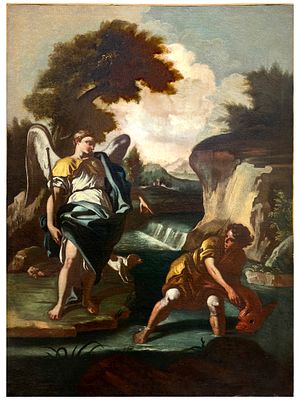 AN OIL ON CANVAS PAINTING, TOBIAS AND ARCHANGEL RAPHAEL, NAPLES SCHOOL, 17TH CEN. Oil on canvas 