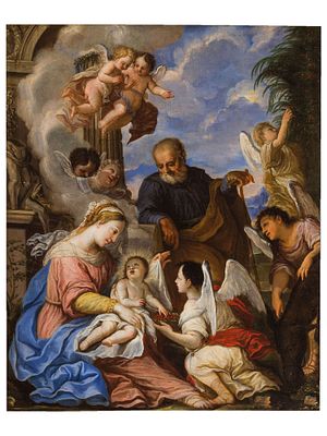 A EUROPEAN OIL ON CANVAS, THE HOLY FAMILY WITH ANGELS, 18TH CENTURY. A refined Baroque depiction 