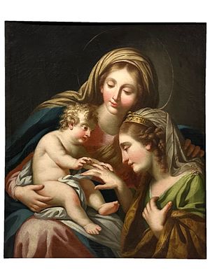 AN ITALIAN SCHOOL OIL ON CANVAS PAINTING OF THE MYSTICAL MARRIAGE OF ST. CATHERINE, 18TH CEN. Th 