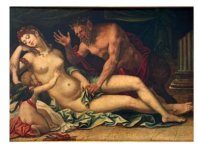 A VENUS AND SATYR SCHOOL OF FONTAINEBLEAU, CIRCA 1570–1580, OIL ON PANEL. A refined and sensual 