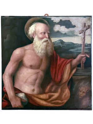 A FRANCESCO BISSOLO ITALIAN RENAISSANCE OIL ON CANVAS PAINTING OF SAINT JEROME. Francesco 