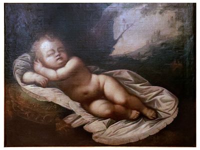 AN ITALIAN SCHOOL OIL ON CANVAS PAINTING, THE SLEEPING CHRIST CHILD, 17TH CEN. Oil painting on 