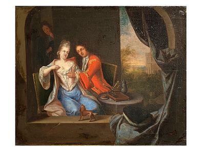 AN OIL ON CANVAS DUTCH SCHOOL GALANT SCENE, 18TH C. Oil on canvas painting depicting an 