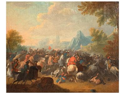 AN OIL ON CANVAS BATTLE SCENE, POSSIBLY DUTCH OR FLEMISH SCHOOL, 17TH–18TH CENTURY. Depicting a 
