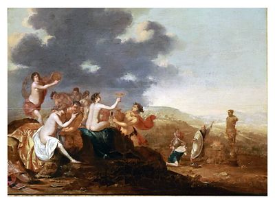 AN OIL ON PANEL BACCHANALIAN SCENE, MONOGRAMMED "C.P." ATTRIBUTED TO CORNELIS VAN POELENBURGH 
