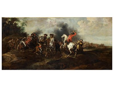 A CAVALRY BATTLE WITH OFFICERS IN RED AND BLACK, ATTRIBUTED TO PIETER SNAYERS (FLEMISH, 17TH 
