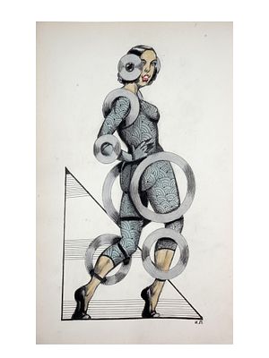 A RUSSIAN FUTURISM COSTUME DESIGN DRAWING FOR A FEMALE CHARACTER, SIGNED. A Russian Soviet-era 