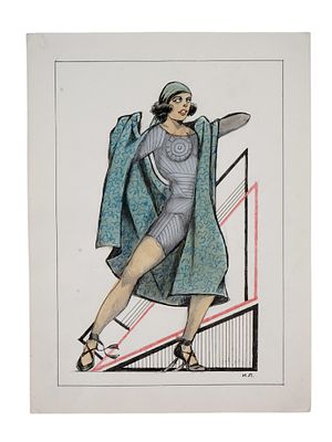 A SOVIET AVANT-GARDE THEATER COSTUME DESIGN SKETCH DRAWING. A Russian Soviet-era ink, pencil 