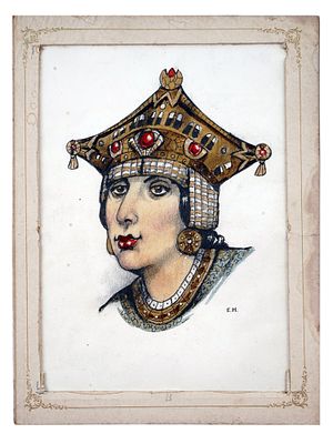 A MIXED MEDIA PAINTING ON PAPER, PORTRAIT OF A RUSSIAN WOMAN. The mixed media artwork depicts a 