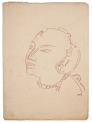 AN INK ON PAPER DRAWING, SIGNED. The drawing depicts a head of a young women copied from a 