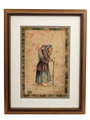 A QAJAR PERSIAN MINIATURE PAINTING OF A WOMAN AND CHILD, 19TH CENTURY. A Persian miniature of a 